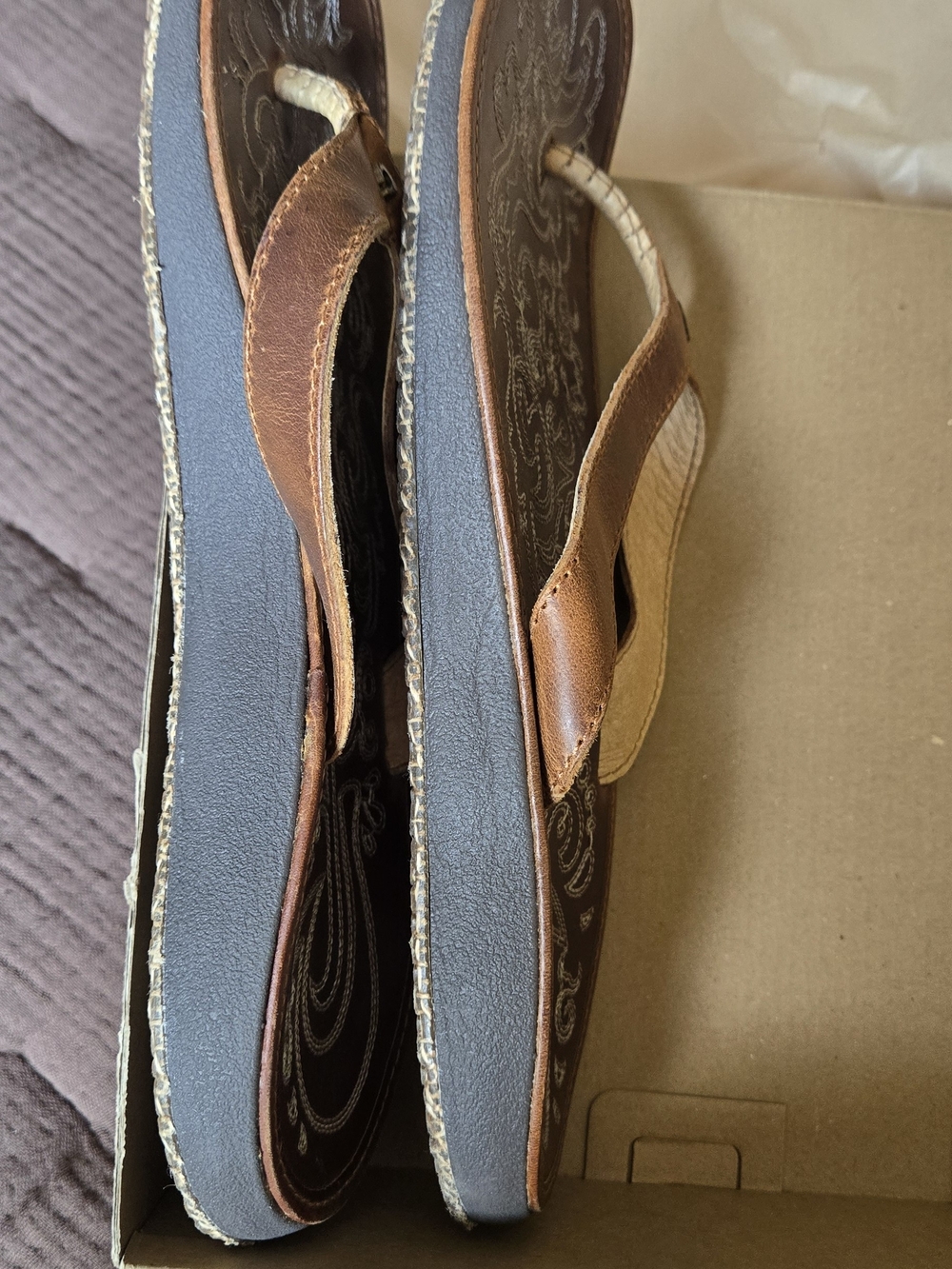 Olukai Paniolo Leather Flip Flops with Embroidered Footbed - Picture 9 of 13